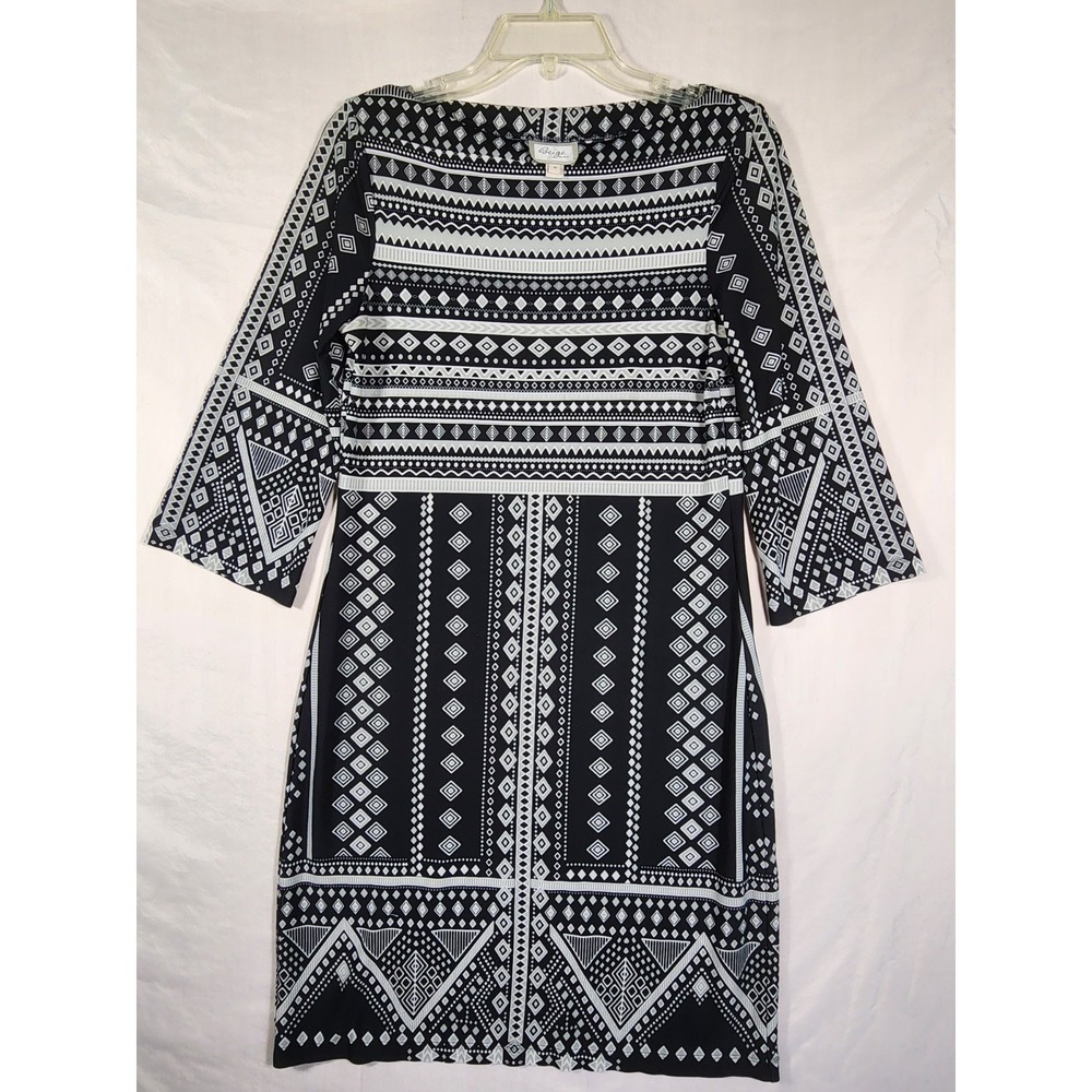 Beige by ECI Womens 4 Dress Black White Geometric Bell Sleeve Boho Retro Mod